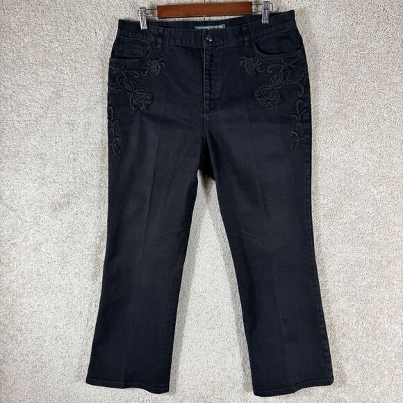 Lauren Ralph Lauren Floral Embroidred Black Jeans Womens 14P Straight Leg Denim - Picture 1 of 9